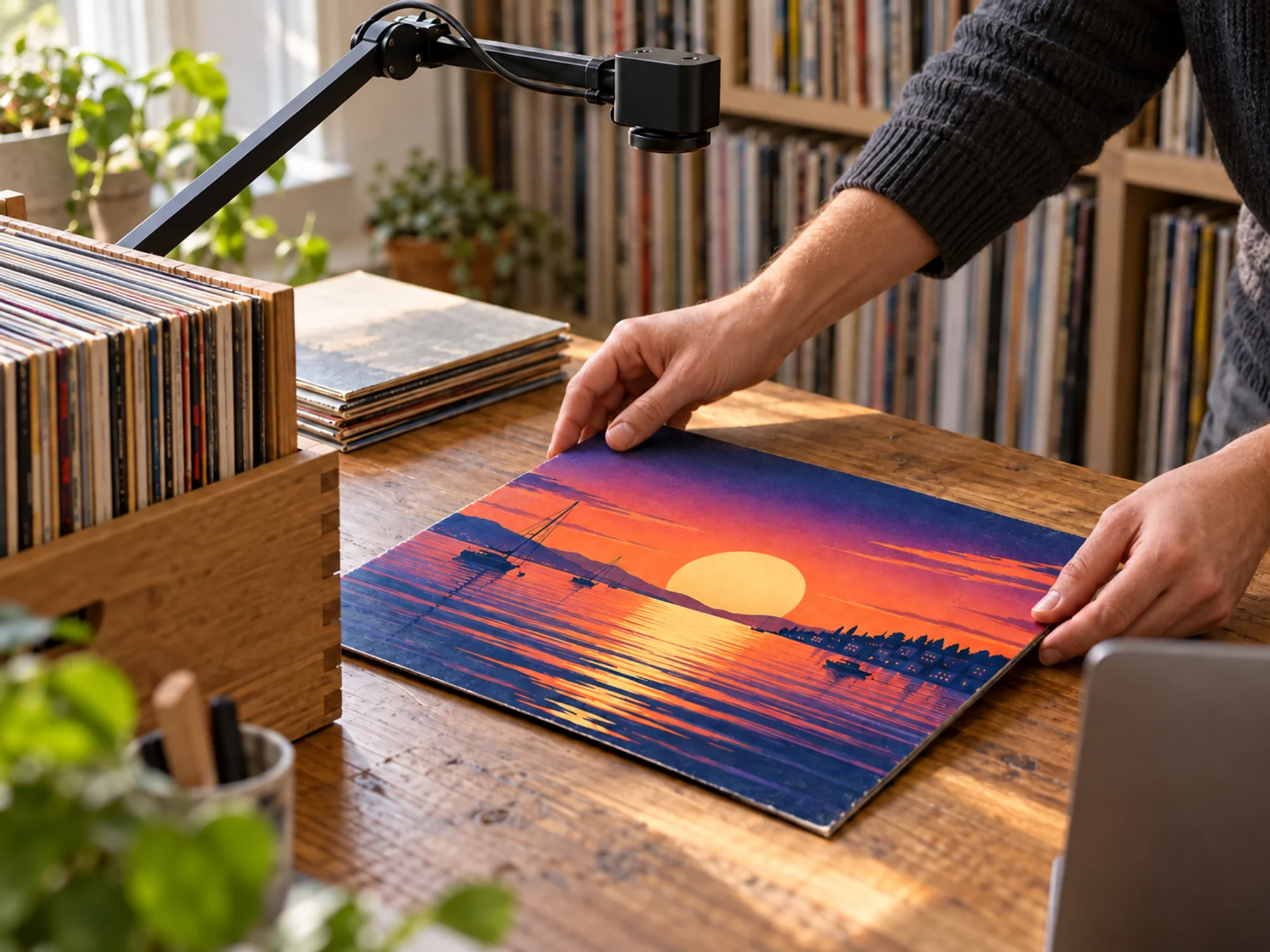 Record seller listing a stack of records with Vinylscanner